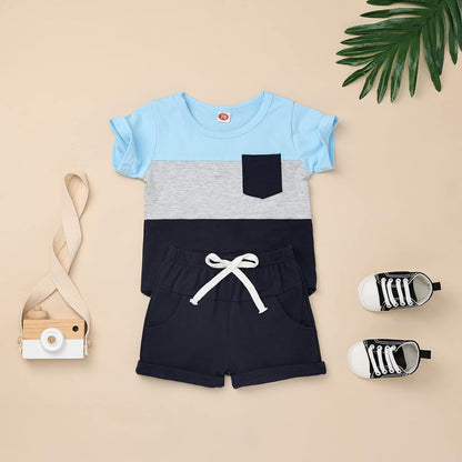 Baby Boy Clothes Toddler Boy Summer Outfits Short Sleeve Patchwork Top T-shirt & Pocket Pant Set 2