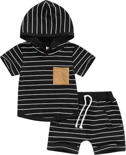 Toddler Baby Boy Summer Hooded Outfit Contrast Color Short Sleeve T Shirt Top Elastic Shorts Summer
