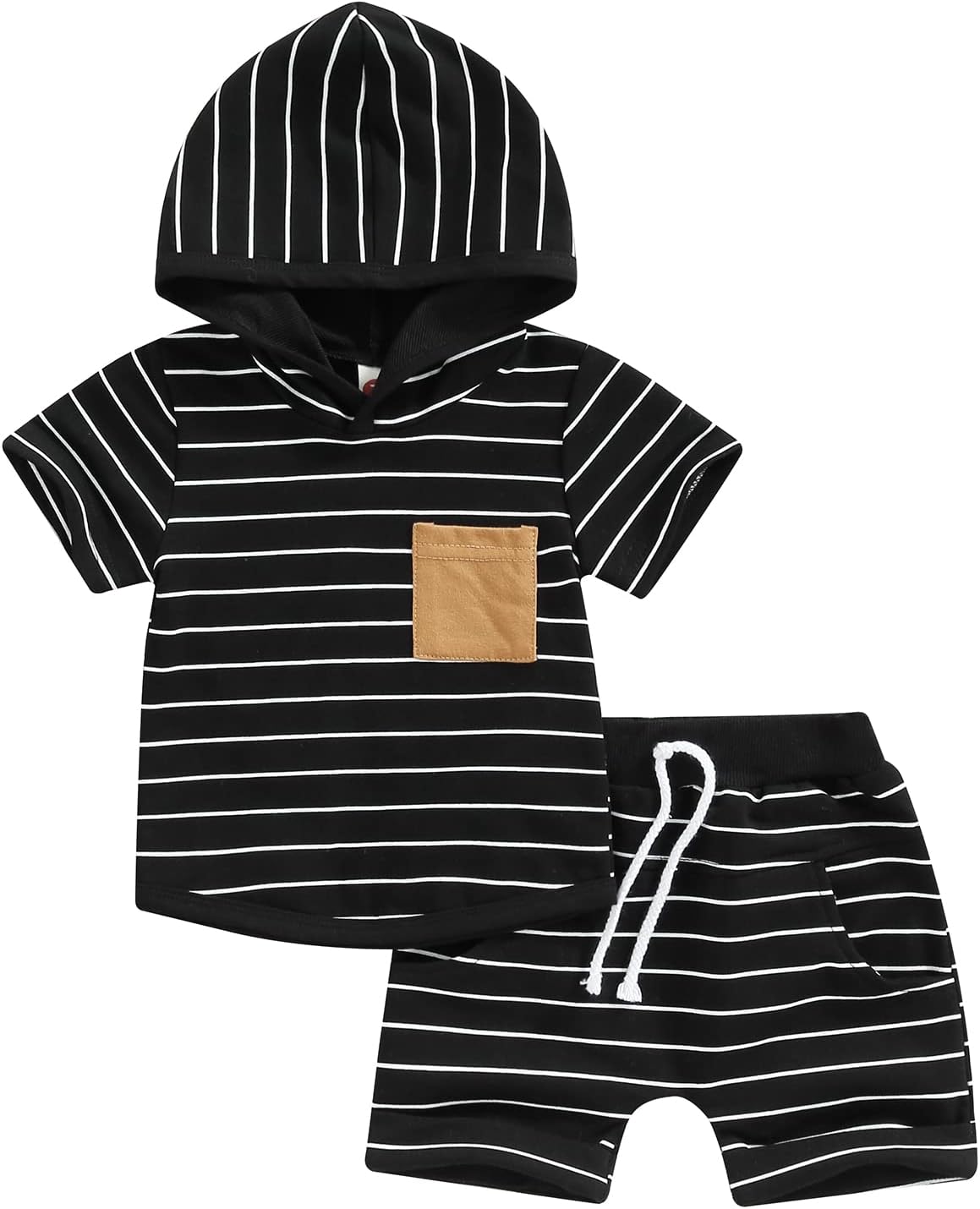 Toddler Baby Boy Summer Hooded Outfit Contrast Color Short Sleeve T Shirt Top Elastic Shorts Summer