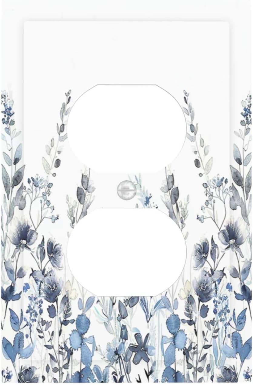Outlet Covers Light Blue Watercolor Leaves Plant With Floral 1 Gang Duplex Wall Plate Decorative