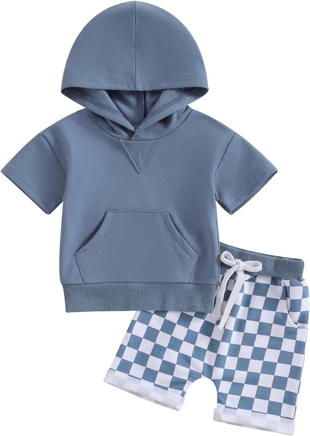 Toddler Baby Boy Summer Hooded Outfit Contrast Color Short Sleeve T Shirt Top Elastic Shorts Summer