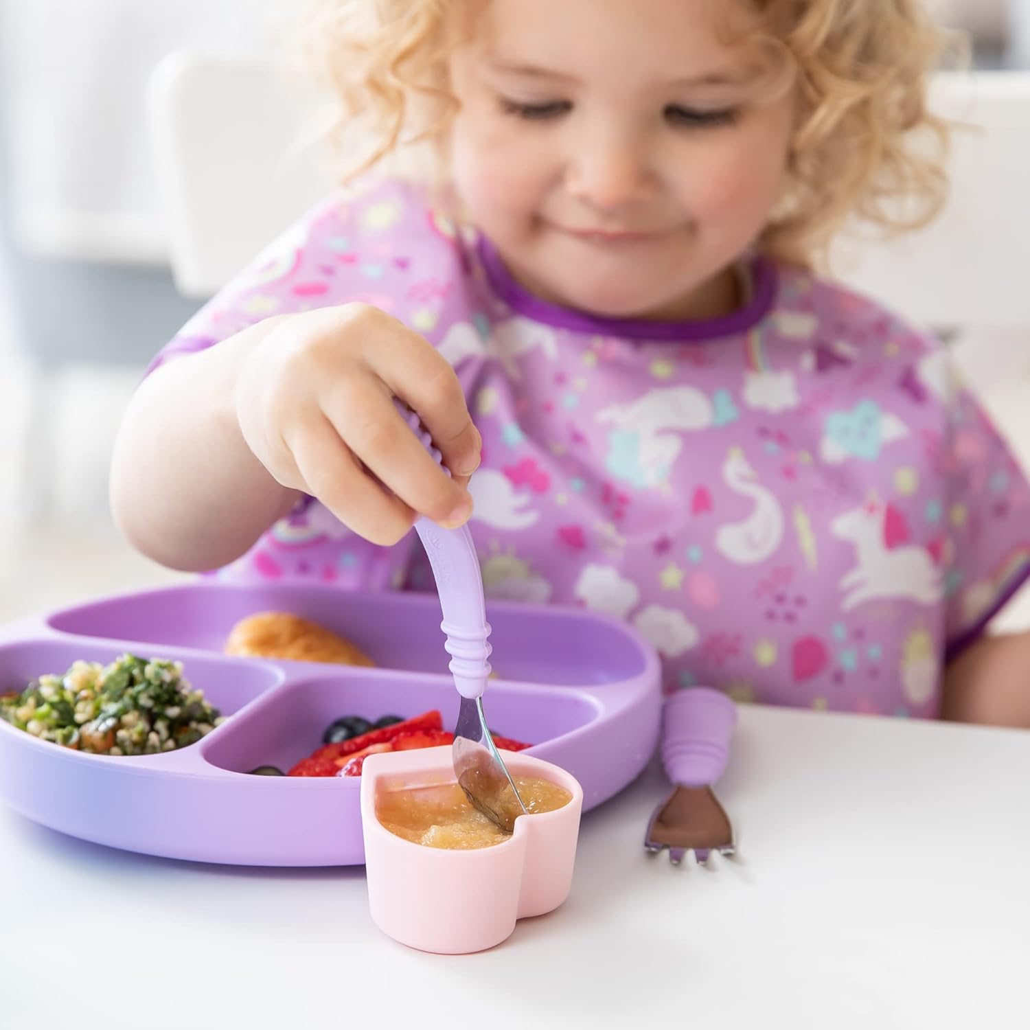 Bumkins Toddler Utensils, Kids Size Fork and Spoon Set, Silicone and Stainless-Steel Training