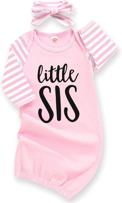 AMAWMW Newborn Baby Girl Little Sister Sleeper Gown Stripe Long Sleeve Nightgown Pajamas Gifts