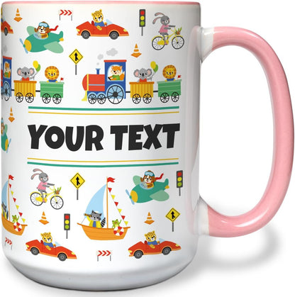 Personalized Mug for Kids - Vehicles - Custom Name/Text, Ceramic Hot Chocolate/Cocoa/Coffee Cup for