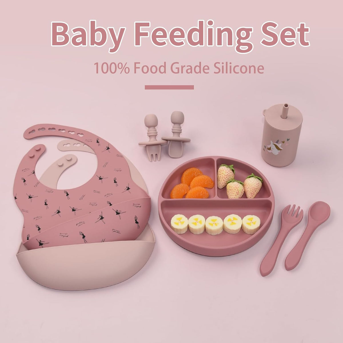 Silicone Baby Feeding Set, Baby Led Weaning Supplies, Baby Spoons Suction Divided Plate Bib Cup