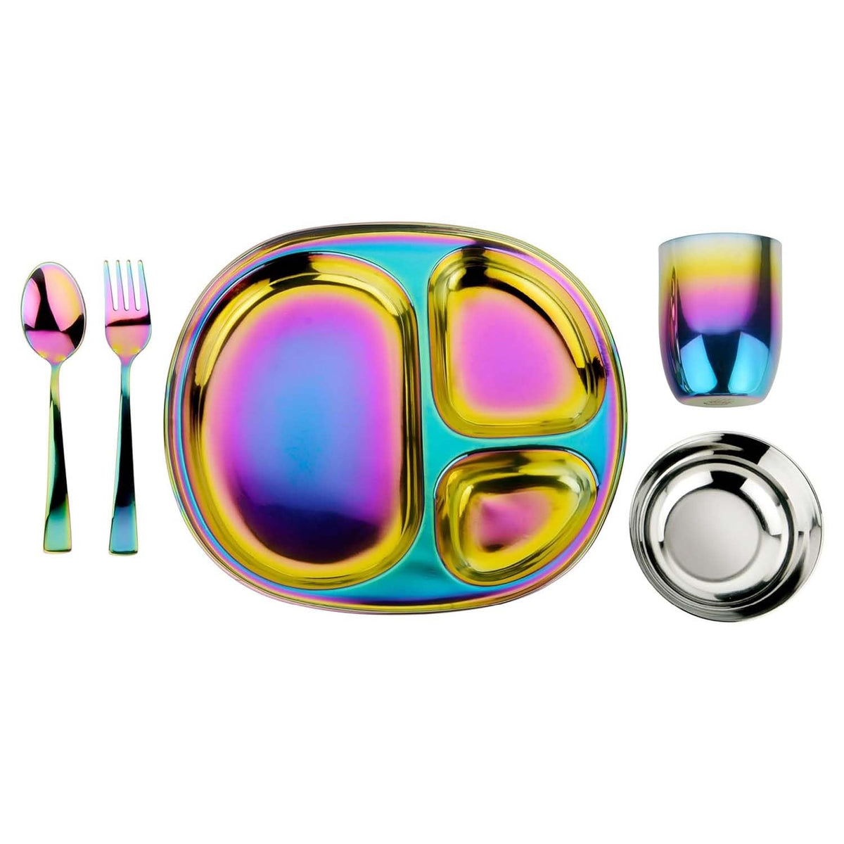 Ahimsa Stainless Steel Kids Dinnerware Set - 5 Piece Stainless Steel Toddler Plates and Bowls Set