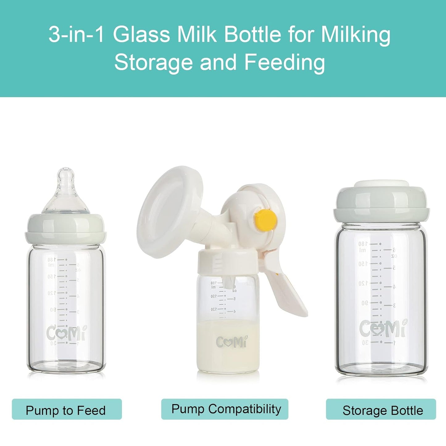 COMI Wide Neck Glass Breastmilk Collection n Storage Bottle, 6oz with Screw Ring Sealing Disk;