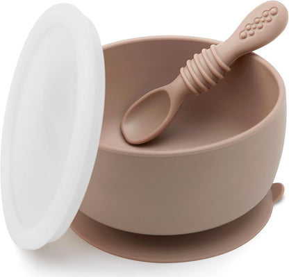 SAMiGO Silicone Baby Bowl and Spoon Set with Suction and Lid, First Stage Self Feeding Essentials