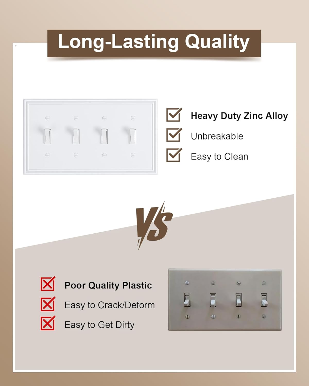 2-Pack Quad Toggle Light Switch Cover Plate, Durable Zinc Alloy Decorative Switch Plate Covers