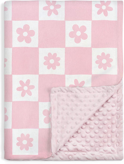 Daisy Minky Baby Blanket 30 x 40 Inches for Girls, Soft Plush Receiving Blanket with Dotted Back