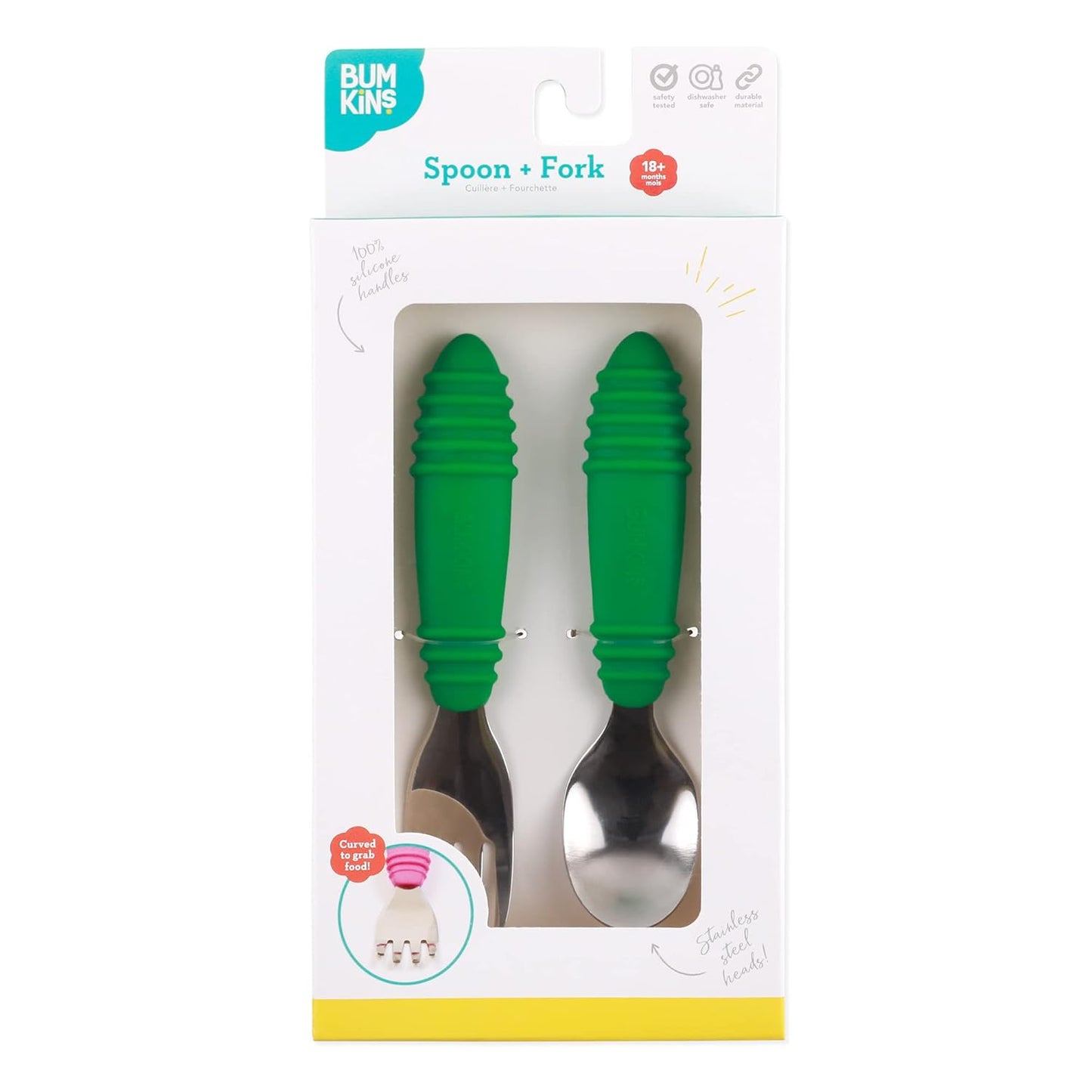 Bumkins Toddler Utensils, Kids Size Fork and Spoon Set, Silicone and Stainless-Steel Training