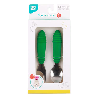 Bumkins Toddler Utensils, Kids Size Fork and Spoon Set, Silicone and Stainless-Steel Training