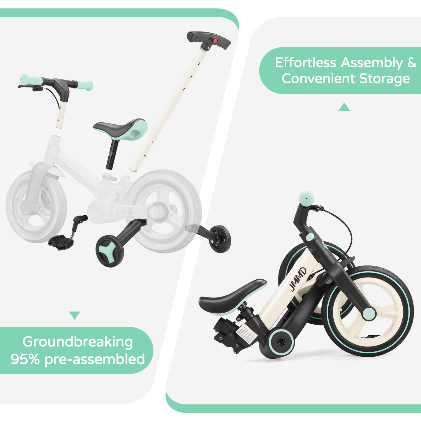 JMMD 6 in 1 Toddler Bike with Push Handle for Kids 18-60 Months, 12" Foldable Balance Bike with