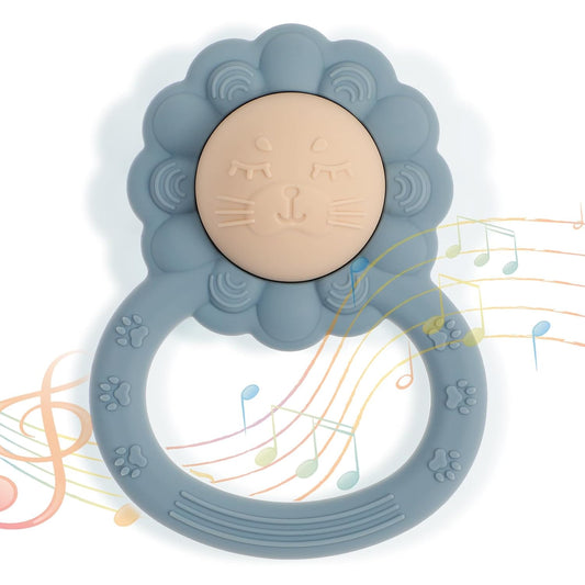 Rattle Teether, Lion Shape Montessori Baby Sensory Teething Toys, Food Grade Silicone BPA Free