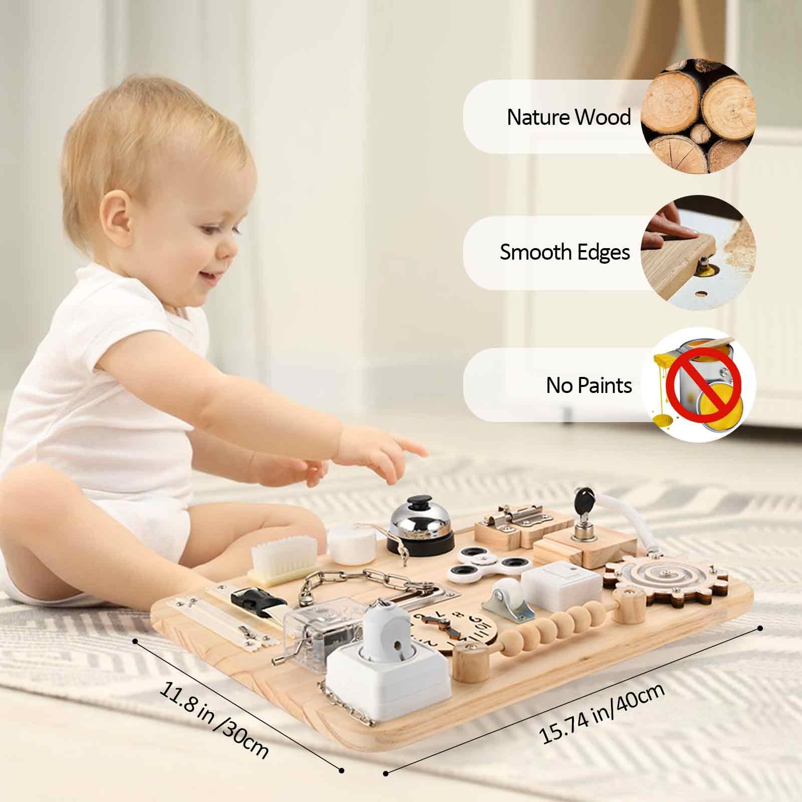 Wooden Busy Board for Toddlers - Montessori Sensory Activity Board for Fine Motor Skills and Early