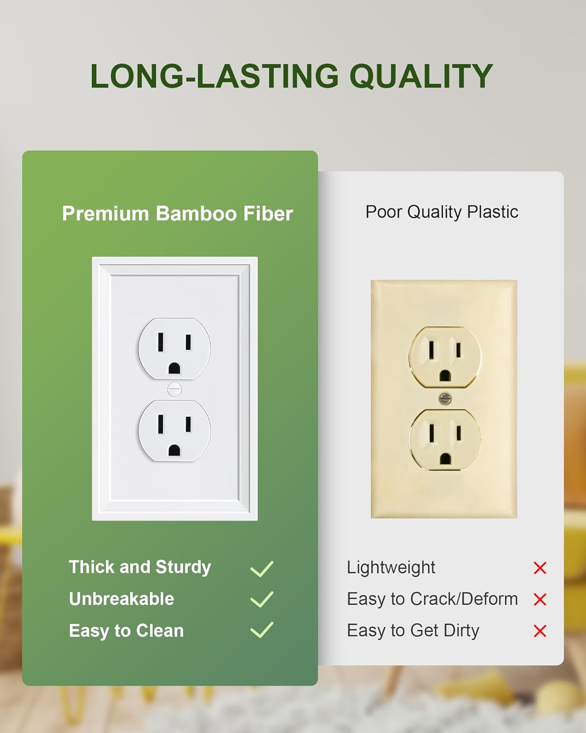 2-Pack Duplex Outlet Cover, Natural Bamboo Fiber Switch Plates and Outlet Covers, White Decorative