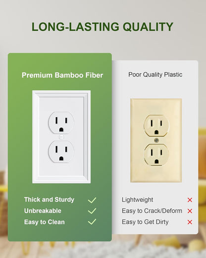2-Pack Duplex Outlet Cover, Natural Bamboo Fiber Switch Plates and Outlet Covers, White Decorative