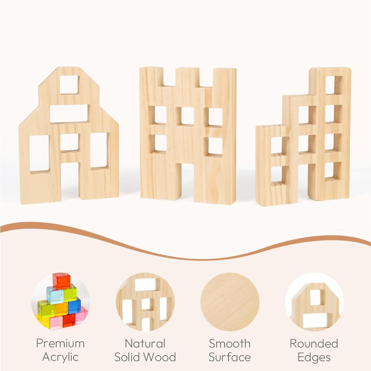 Wooden Building Blocks Set for Kids, 36 PCS Rainbow Acrylic Gem Cubes Blocks - 3 Wood House