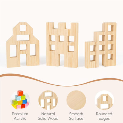 Wooden Building Blocks Set for Kids, 36 PCS Rainbow Acrylic Gem Cubes Blocks - 3 Wood House