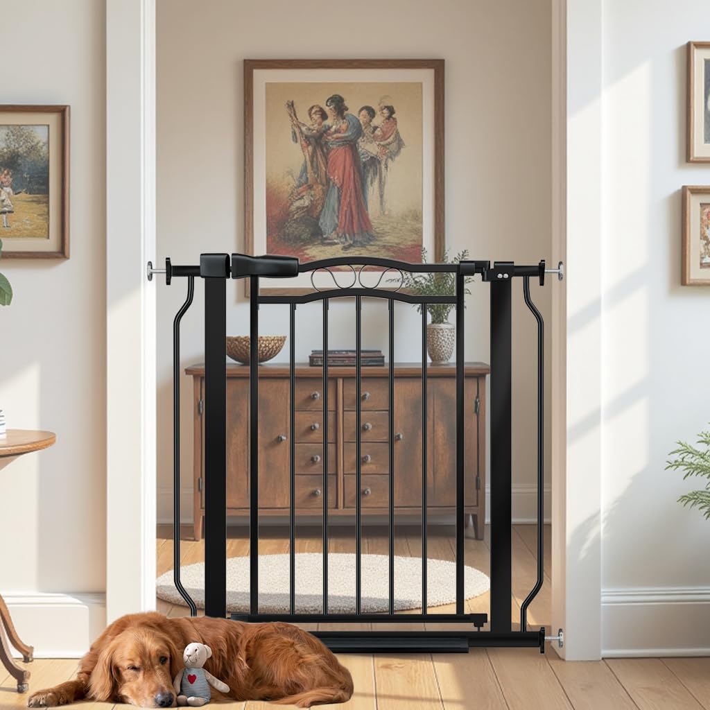 29.53"-33.85" Mornyray Auto-Close Baby Gate Extra Wide, Pressure Mounted Dog & Pet Gate for Stairs