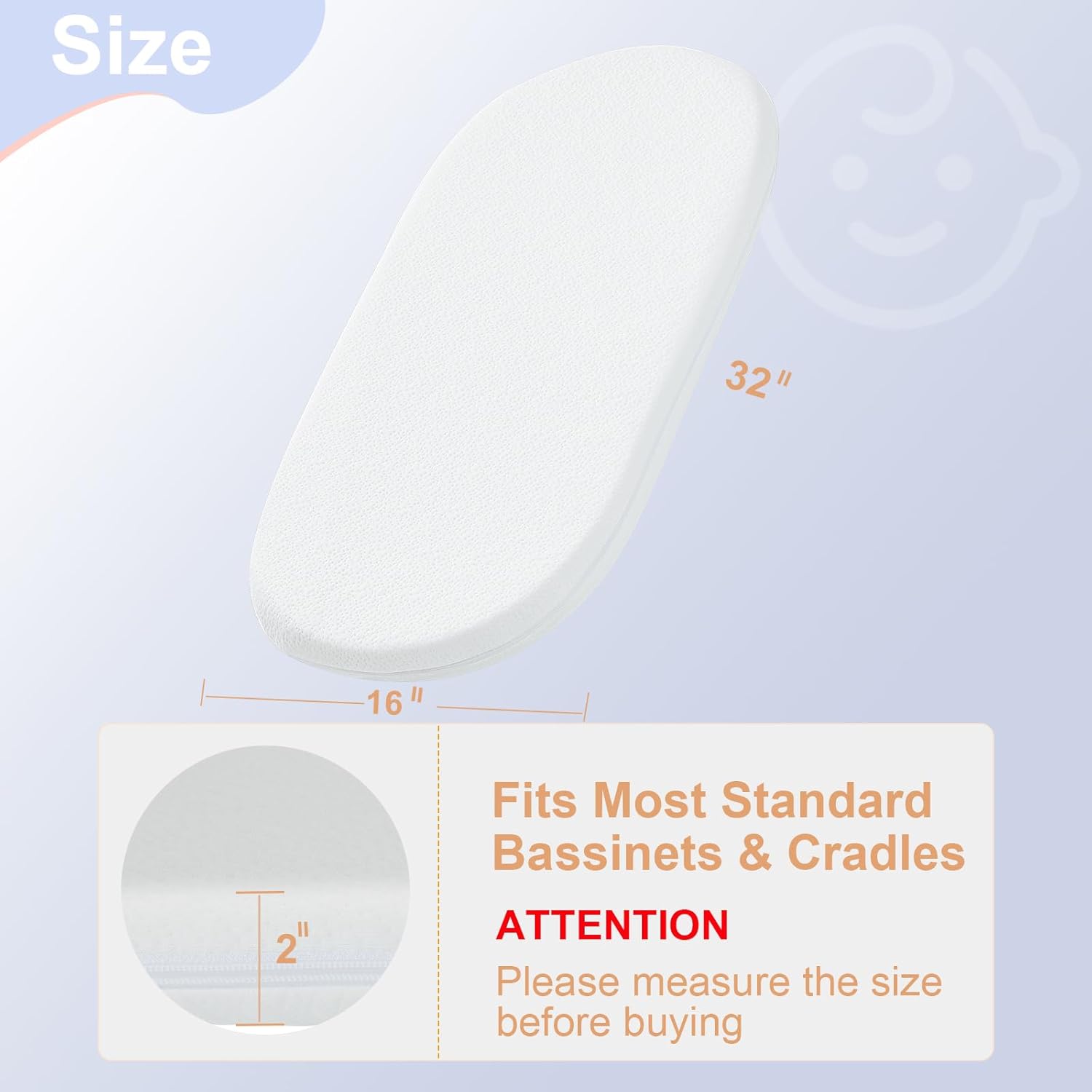 NeoBorn Baby Bassinet Mattress Pad, 32" x 16" Dual Sided Comfort Gel Memory Foam Mattress with