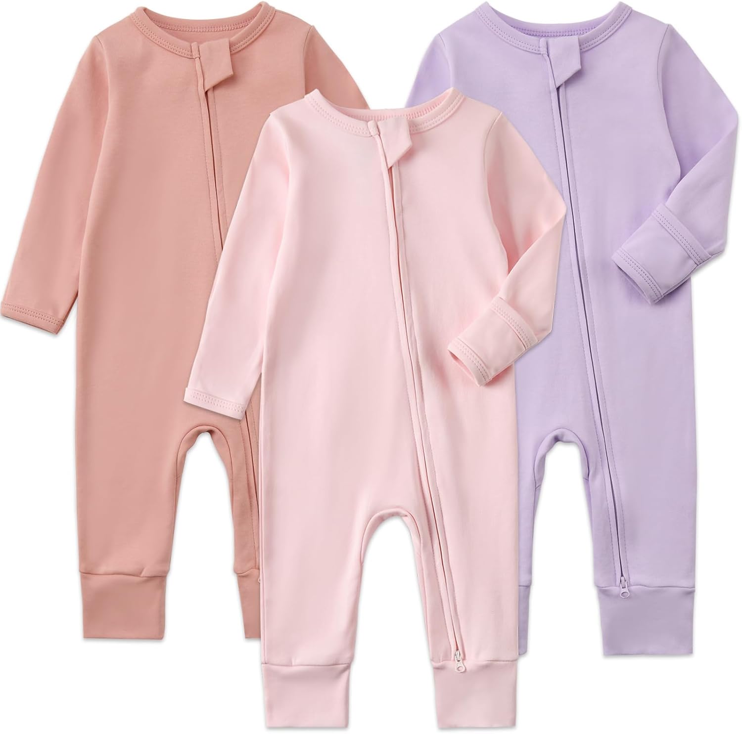 Aablexema 3-Pack Organic Cotton Baby Footless Pajamas with Mitten Cuffs, 2-Way Zipper Romper