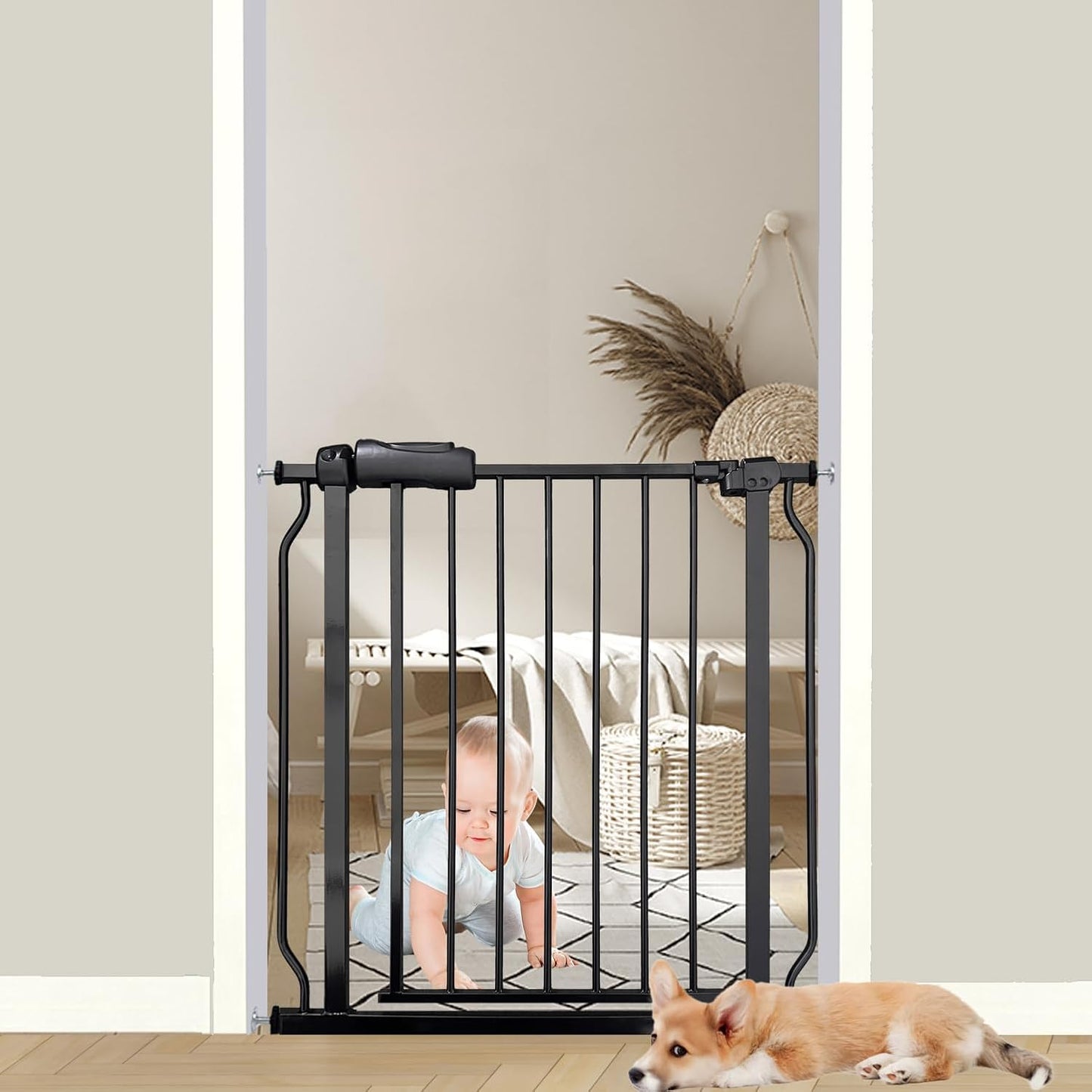 29-34 Inch Baby & Pet Gate - Black Metal, Pressure Mounted, Walk Through Safety Gate for Narrow