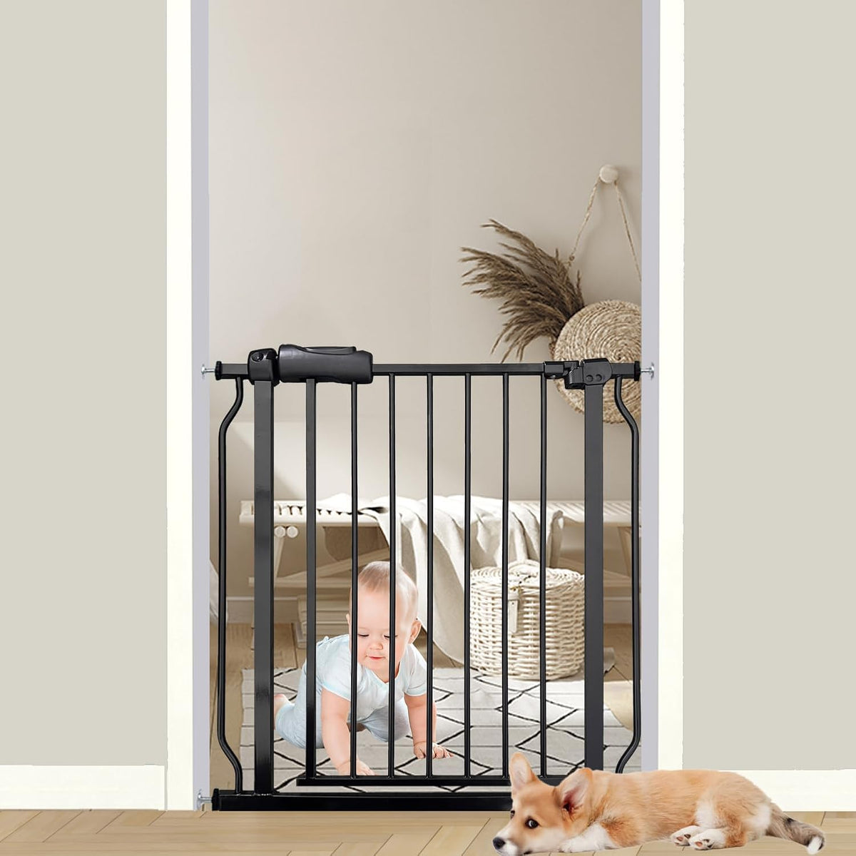 29-34 Inch Baby & Pet Gate - Black Metal, Pressure Mounted, Walk Through Safety Gate for Narrow