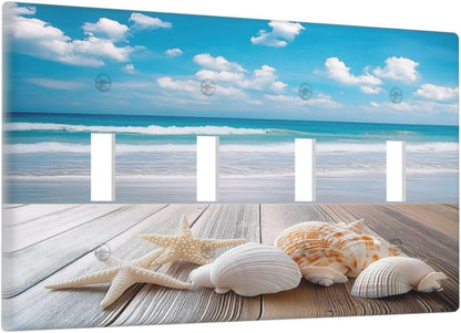 Light Switch Covers Beach Waves Brown Wood Starfish Shells Quad Toggle Electrical Faceplate 4 Gang