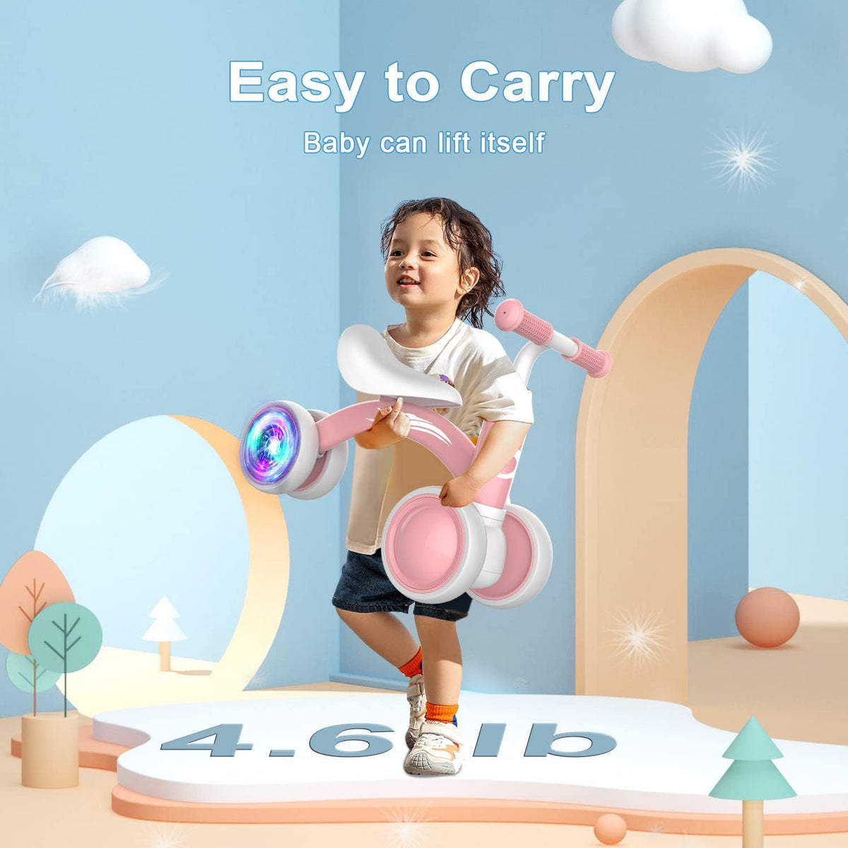 Colorful Lighting Baby Balance Bike Toys for 1 Year Old Girl Gifts, 10-36 Month Toddler Balance