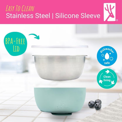 Elk and Friends Stainless Steel Bowls with Silicone Sleeve for Babies & Toddlers | Lids Included |