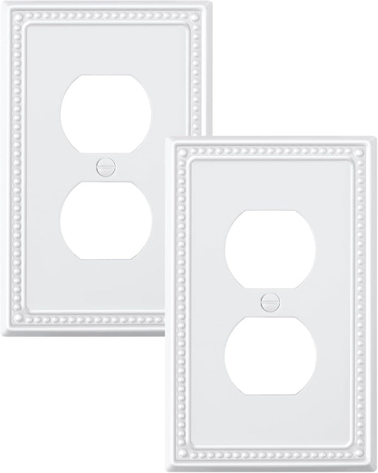2-Pack Duplex Outlet Cover Plate, Pure White Metal Wall Plates for Electrical Outlets, 1 Gang
