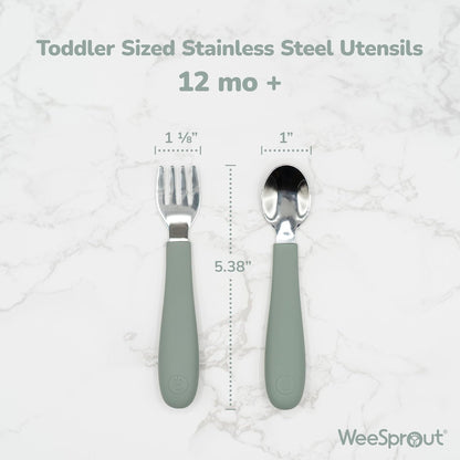 WeeSprout Toddler Utensils, 3 Forks & 3 Spoons, 18/8 Stainless Steel & Food Grade Silicone, Thick