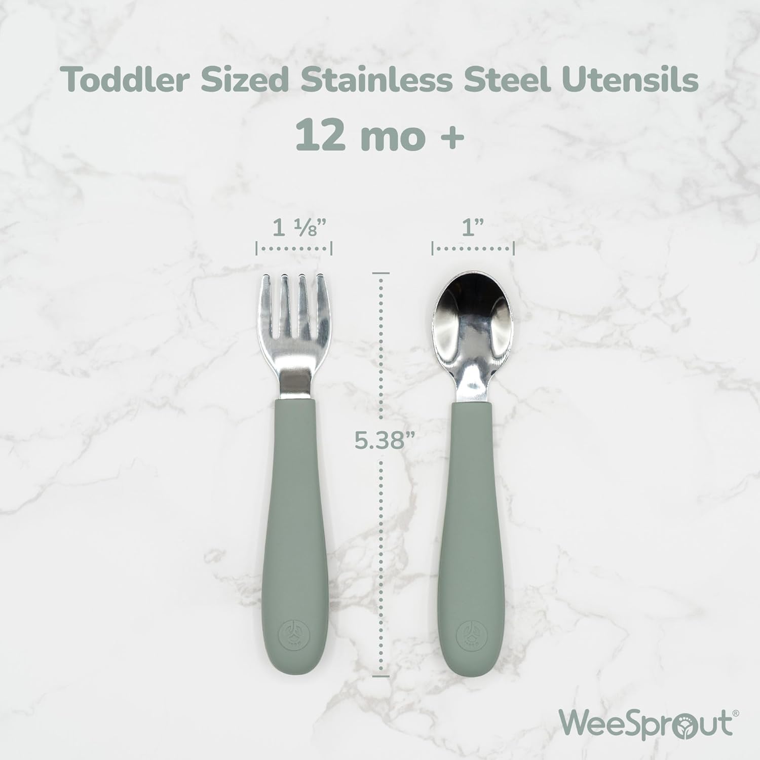 WeeSprout Toddler Utensils, 3 Forks & 3 Spoons, 18/8 Stainless Steel & Food Grade Silicone, Thick
