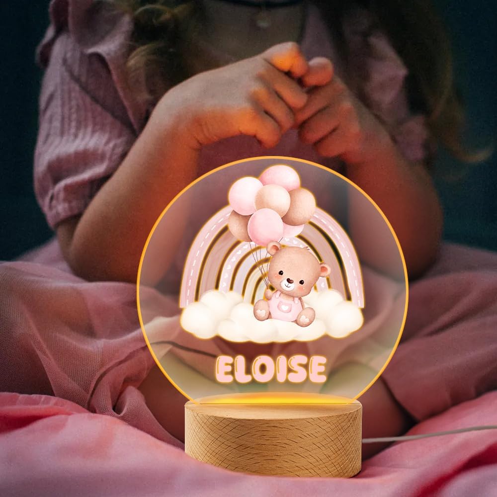 callie Acrylic Night Light Name Plate Personalized, Custom Cute Sleep Bear with Wooden Base Bedroom