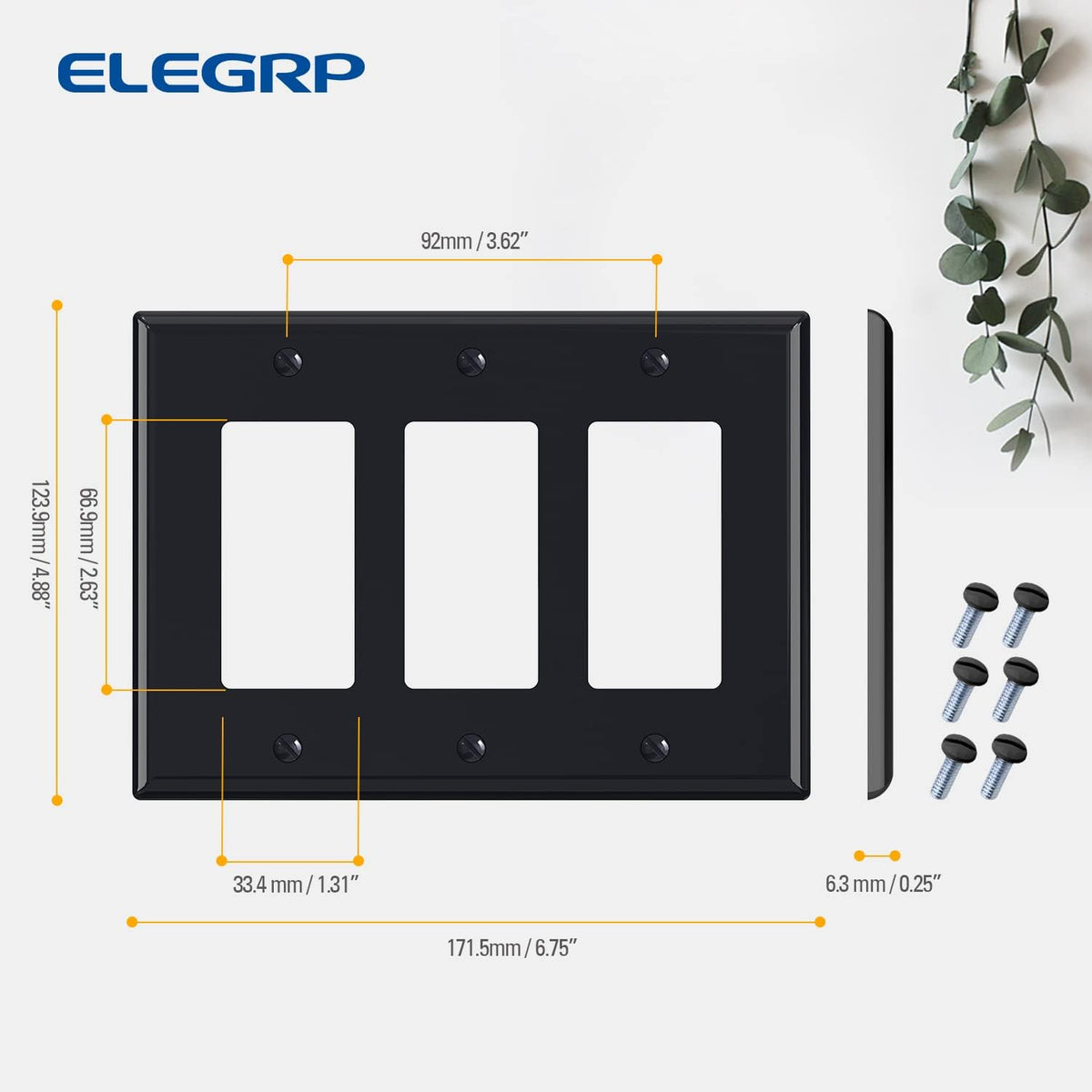 ELEGRP 3-Gang Decorative Wall Plates, Mid-Size 4.88" H x 6.75" L Unbreakable Thermoplastic