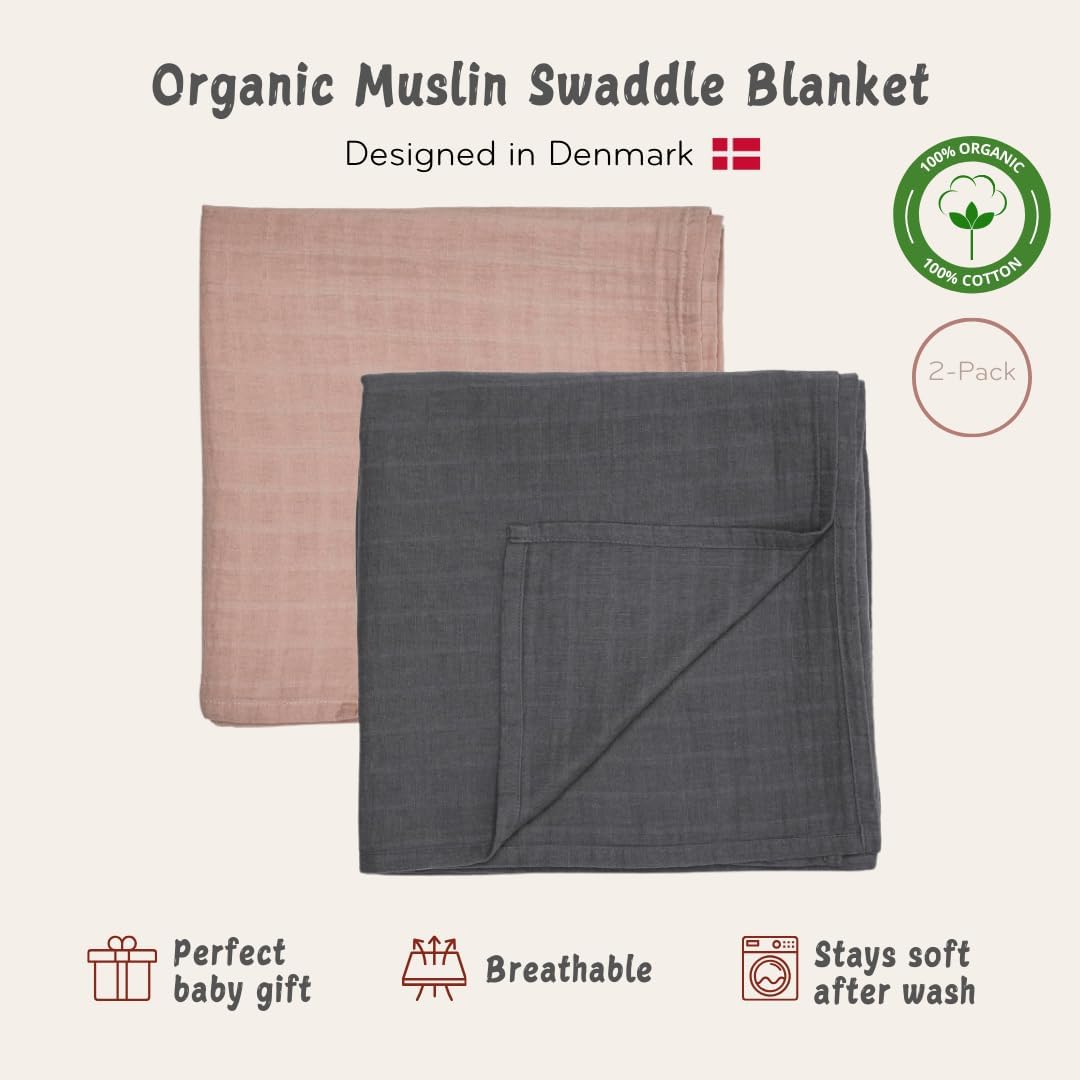 Swaddle - 100% Organic Cotton - Muslin Swaddle Blankets for Newborn, 47" x 47" 2-Pack (Blush/Soft