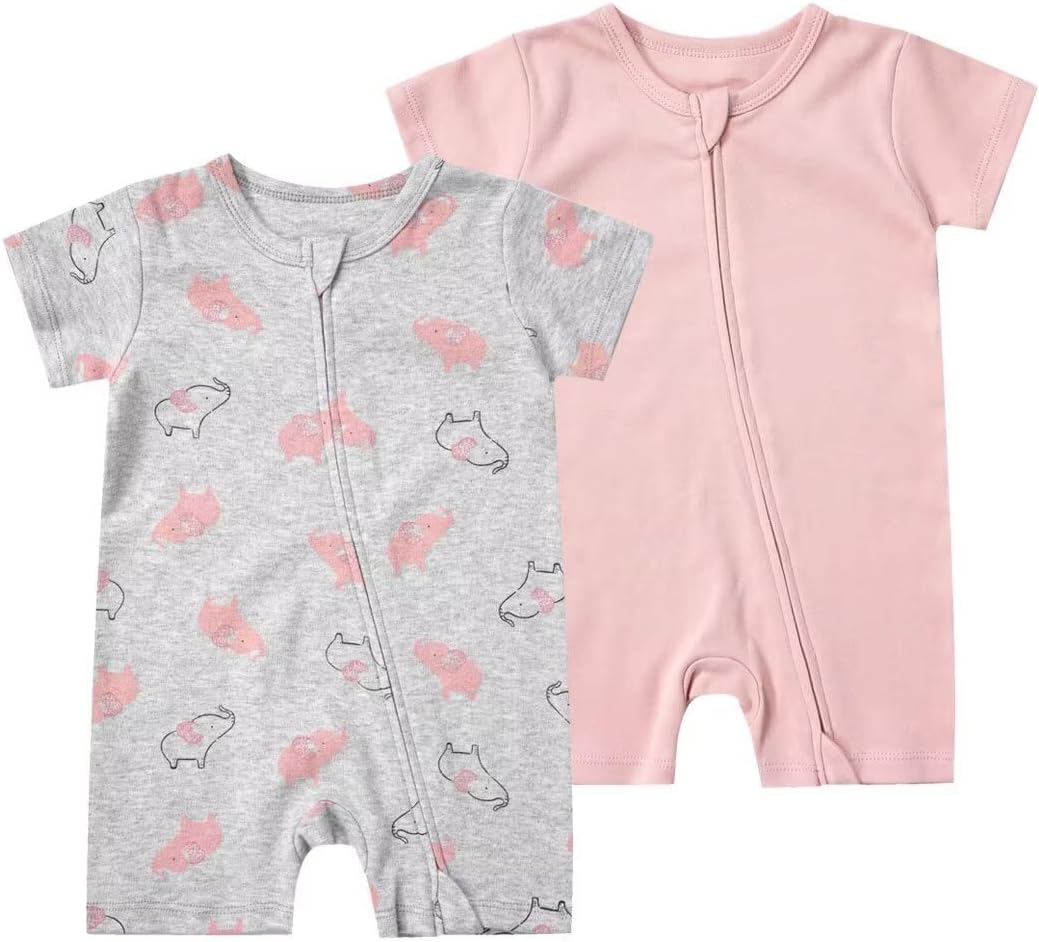 Teach Leanbh Unisex Baby 2 Pack Pajamas Cotton Short Sleeve 2 Way Zipper Printing Soild Romper