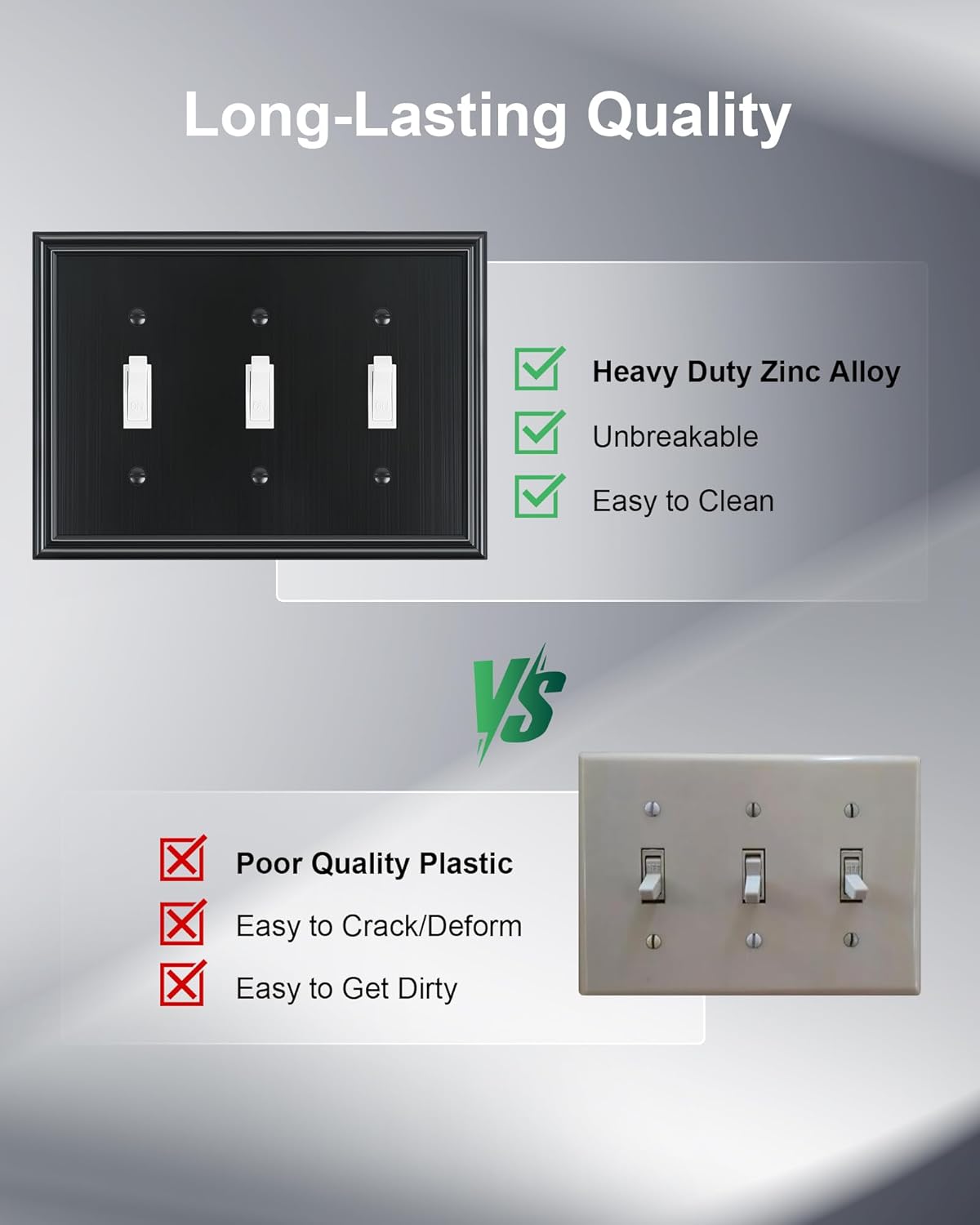 2-Pack Triple Toggle Light Switch Cover Plate, Durable Solid Zinc Alloy Decorative Switch Plate
