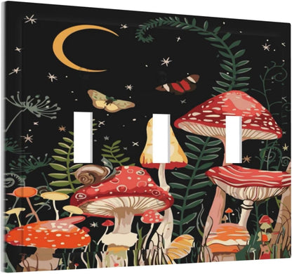 Moon Star Red Mushroom Forest Butterfly Green Plant Decorative Switch Plates 3 Gang Wall Plate