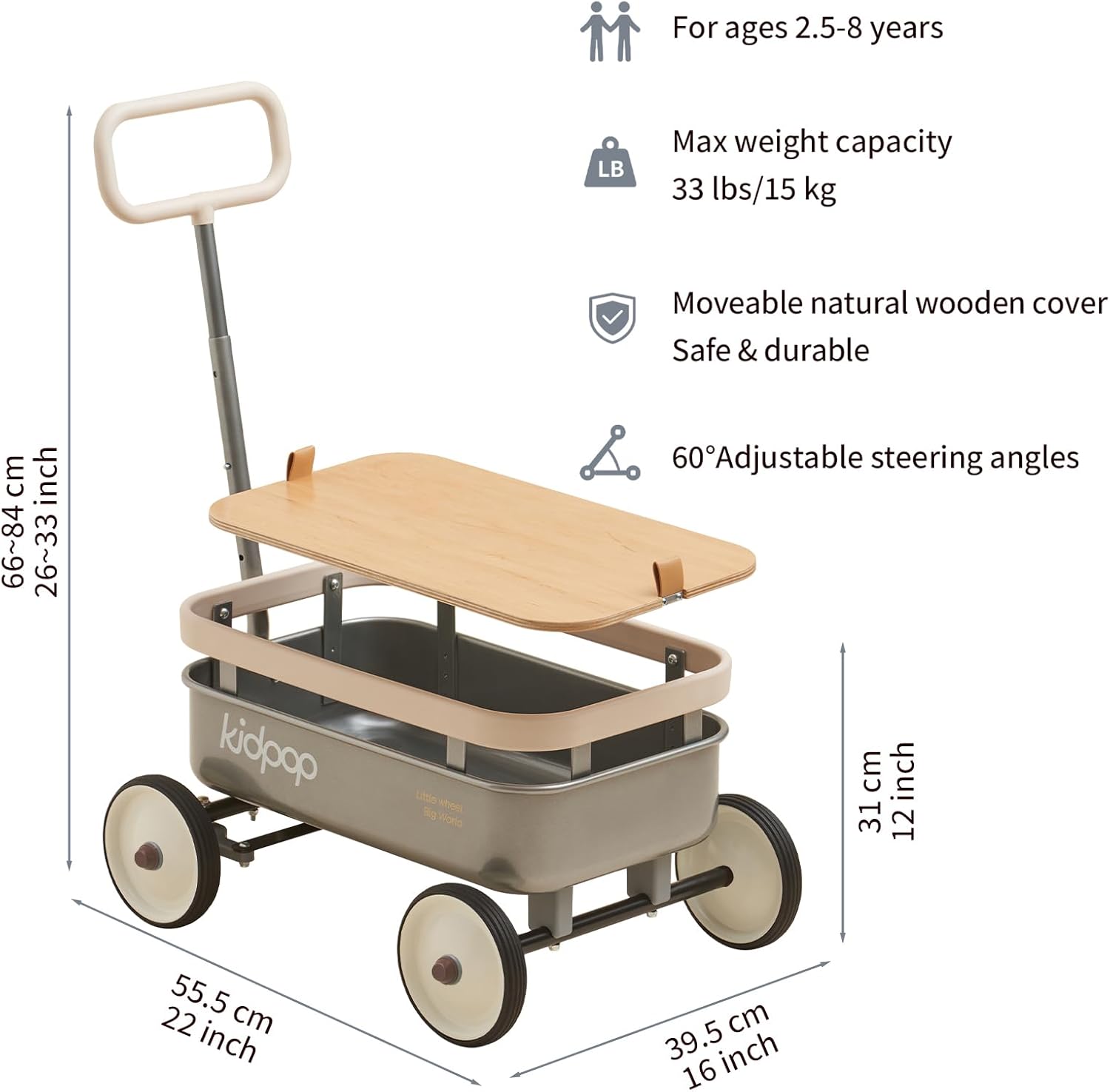 kidpop PULA-Wild 3-in-1 Kids' Pull-Along Wagon Toddlers Push Walker for 2.5-8, Removable Wooden
