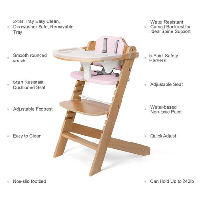 Cowiewie Natural Wooden High Chair for Babies & Toddlers 3-Tier Remove Adjustable Tray and
