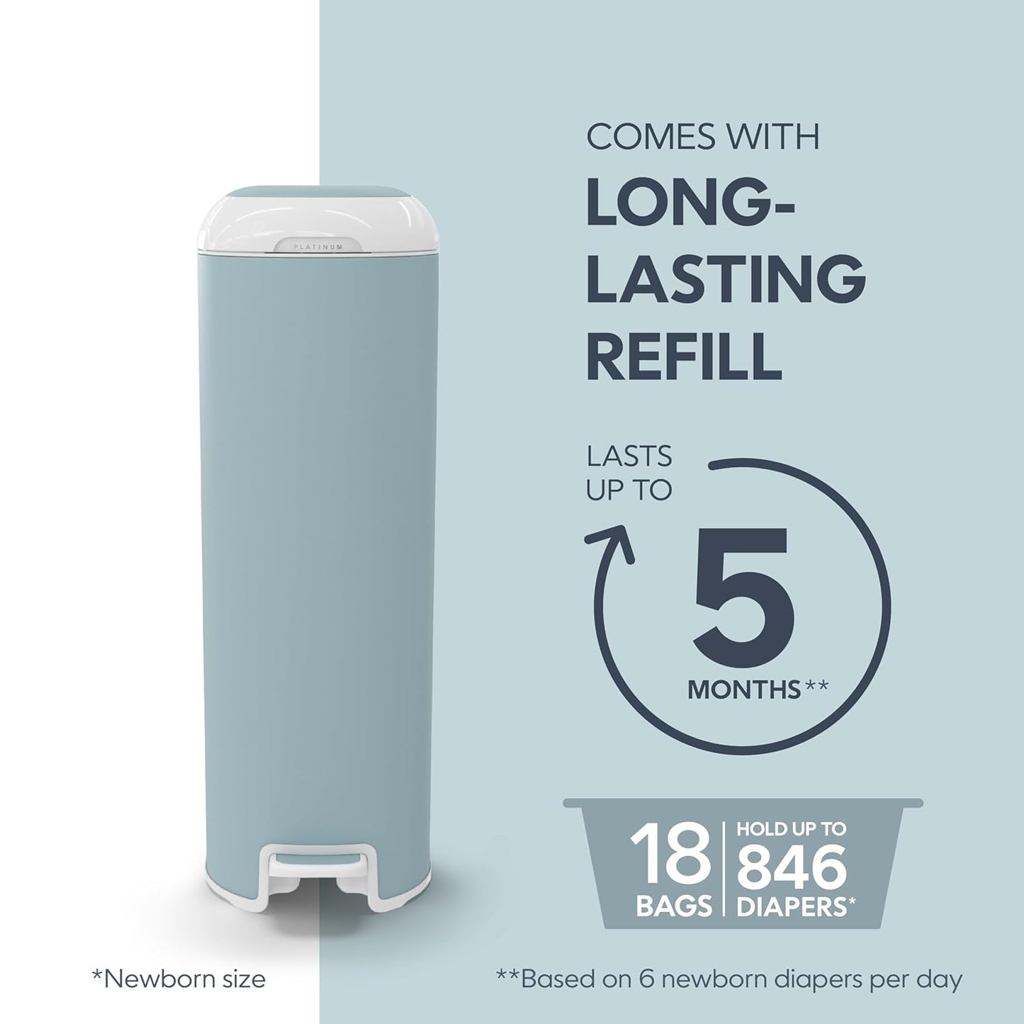 Diaper Genie Platinum Pail (Glacial Blue) is Made in Durable Stainless Steel and Includes 1 Easy