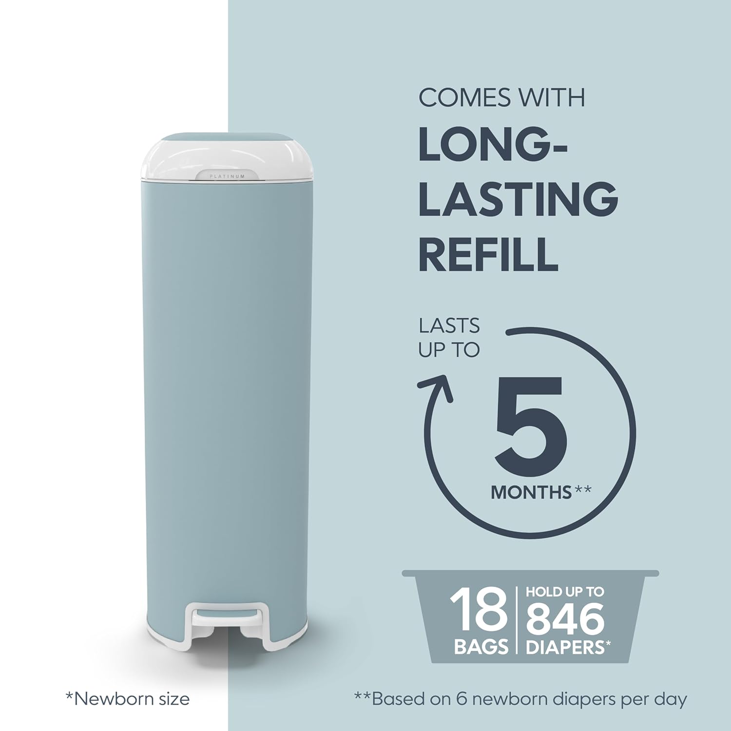 Diaper Genie Platinum Pail (Glacial Blue) is Made in Durable Stainless Steel and Includes 1 Easy