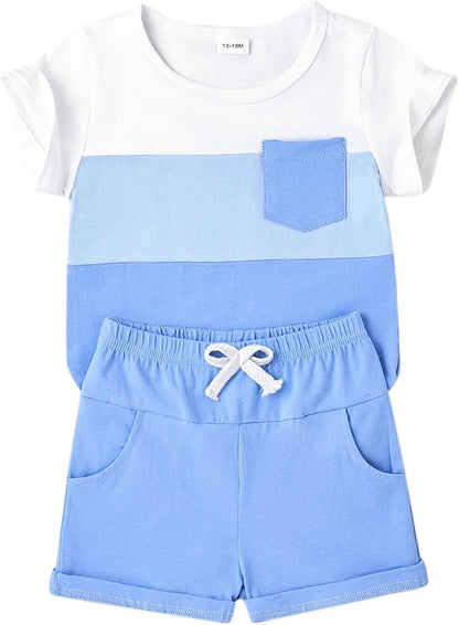 Baby Boy Clothes Toddler Boy Summer Outfits Short Sleeve Patchwork Top T-shirt & Pocket Pant Set 2