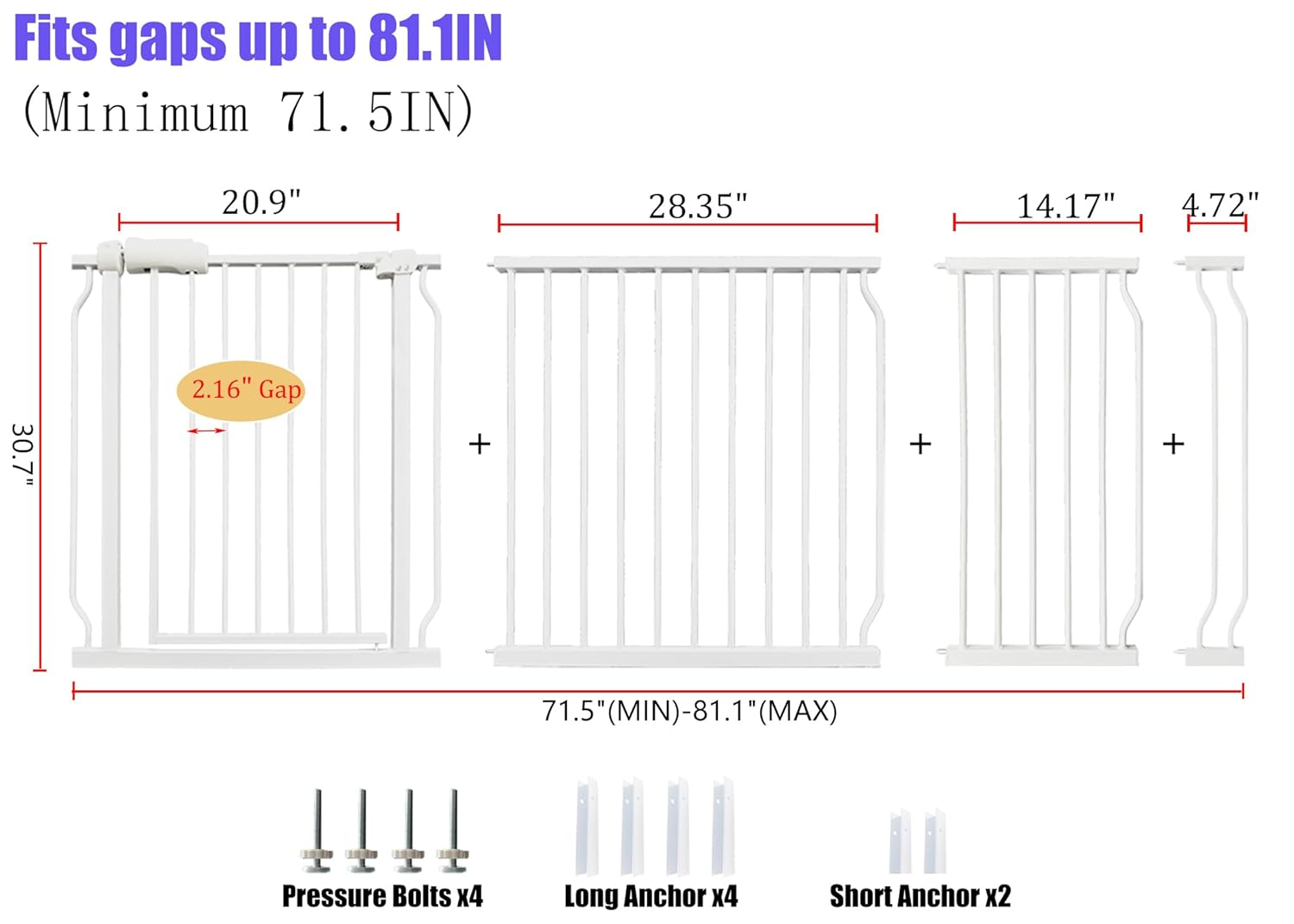 Extra Wide 76.4-81 Inch Large Baby Gates for Stairs, Doorways - No Drilling, Pressure Mounted Pet
