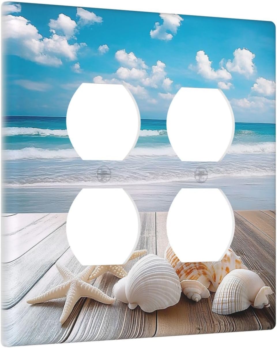 Outlet Covers Beach Waves Brown Wood Starfish Shells 2 Gang Double Duplex Decorative Light Switch