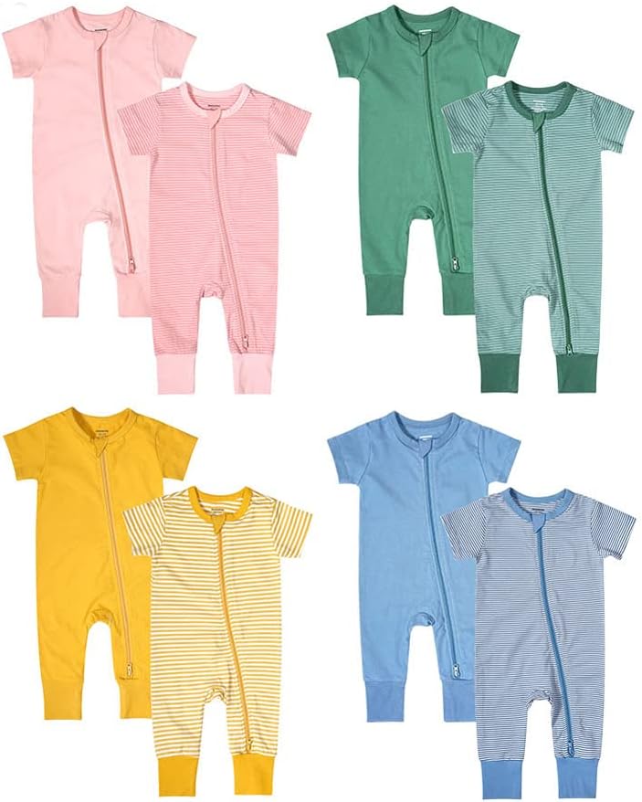 Teach Leanbh Baby Boys Girls 2-Pack Romper Jumpsuits Cotton 2 Way Zipper Short Sleeve Footless