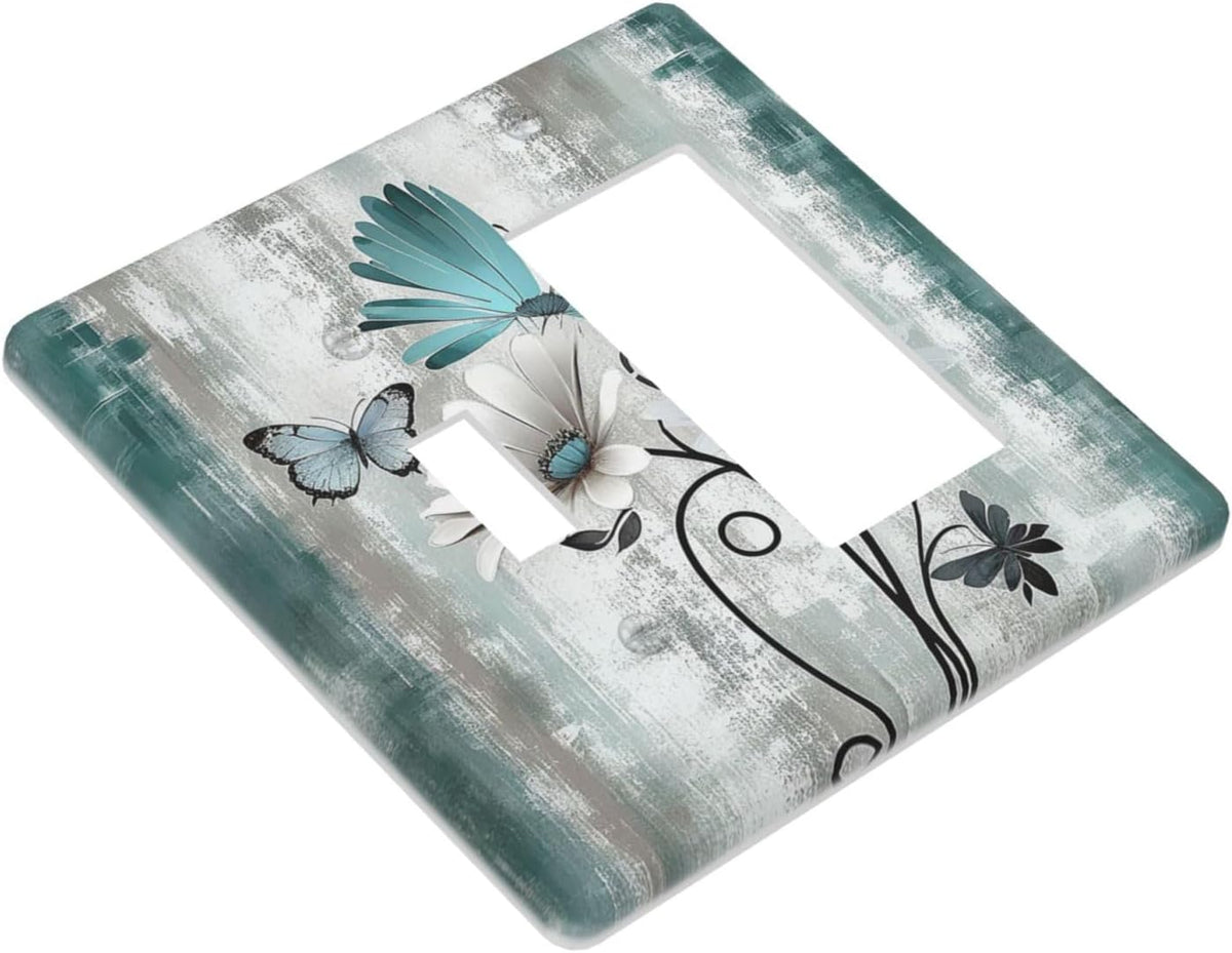 Outlet Covers Rustic Teal Daisy Floral Flowers Butterfly Wood Grain 1 Toggle 1 Rocker Combination