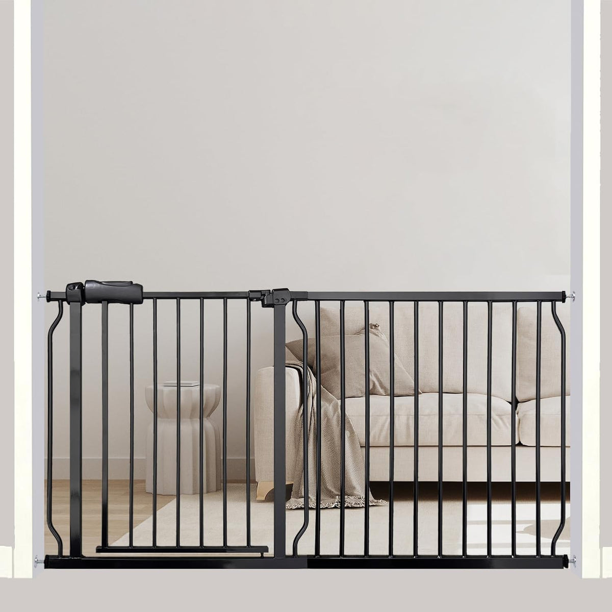 Extra Wide Baby Gate, 57.5-62 Inch - Black Metal, Pressure Mounted Indoor Safety Gate, Walk-Through